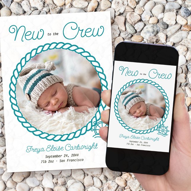 Anuncio Nuevo en la tripulación 2 Foto Nautical Wheel Birt (Nautical baby birth announcement with 2 of your photos and "new to the crew wording")