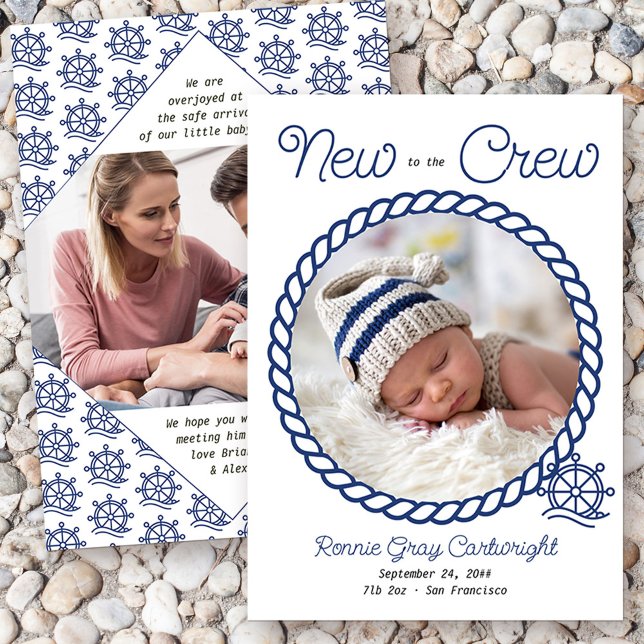 Anuncio Nuevo en la tripulación 2 Foto Nautical Wheel Birt (Nautical baby birth announcement with 2 of your photos and "new to the crew wording")