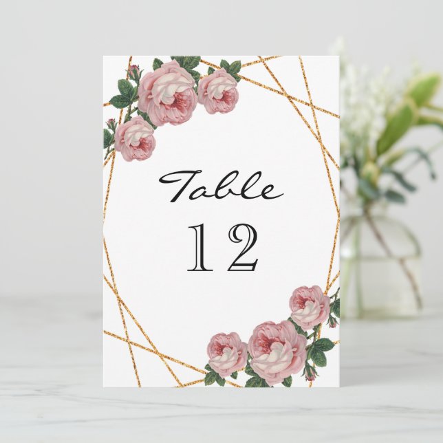 Anuncio Número de mesa floral rosa geo brillo dorado elega (Anverso de pie)