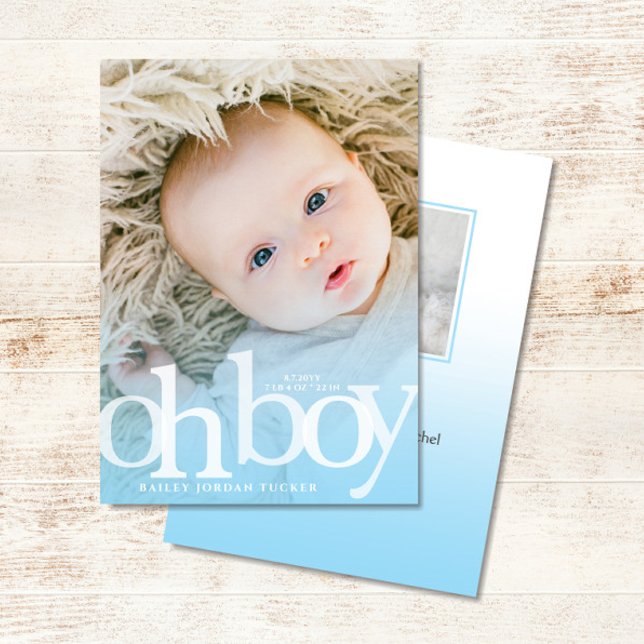 Anuncio OH BOY azul overlay Moderno Photo Birth (OH BOY Modern Blue Baby Boy Birth Announcement)