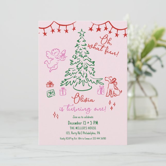Anuncio Oh What Fun whimsical Christmas tree 1st birthday (Anverso de pie)
