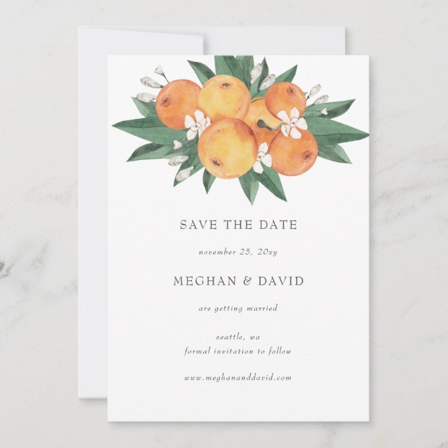 Anuncio Orange Blossoms Citrus Botanical Save the Date  (Anverso)