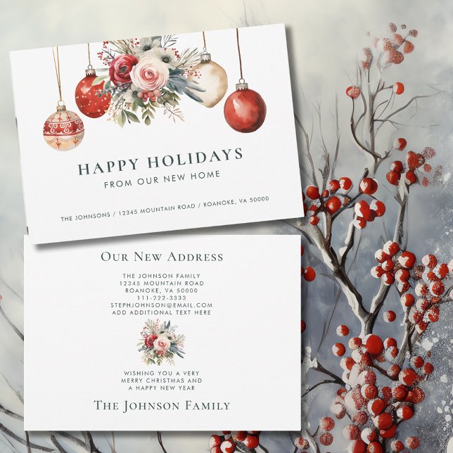 Anuncio Ornamentos navideños floral nuevo hogar (Christmas Ornaments Holiday Floral New Home Announcement Flat Card with Envelope)