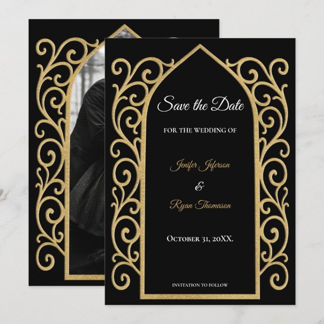 Anuncio Ornate border black and gold wedding save the date (Anverso / Reverso)