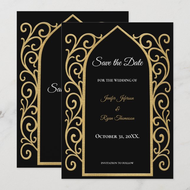 Anuncio Ornate border black and gold wedding save the date (Anverso / Reverso)