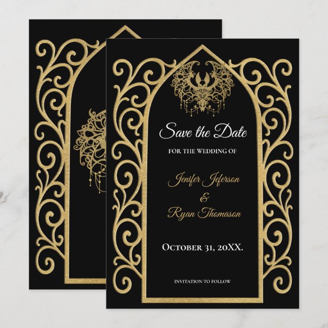 Anuncio Ornate border black and gold wedding save the date (Anverso / Reverso)