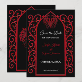 Anuncio Ornate border black and red wedding save the date