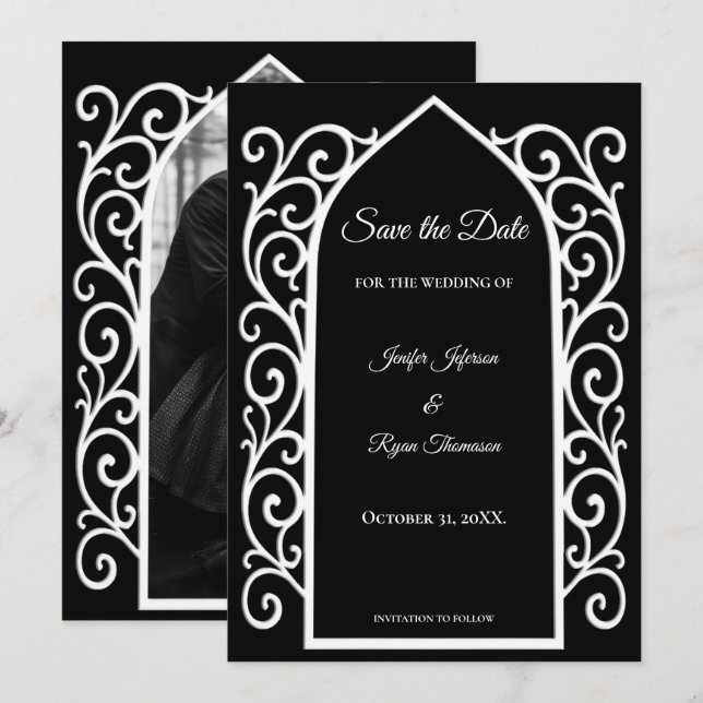 Anuncio Ornate border black and whit wedding save the date (Anverso / Reverso)