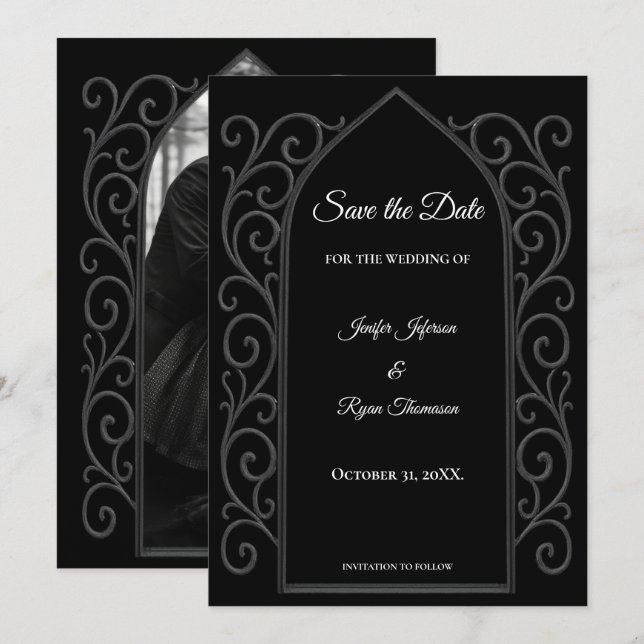 Anuncio Ornate border black and whit wedding save the date (Anverso / Reverso)