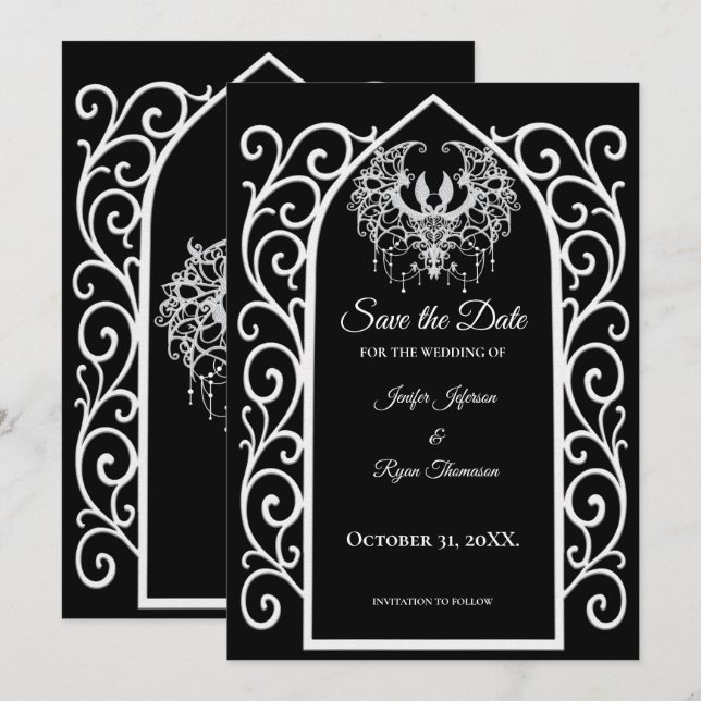 Anuncio Ornate border black and whit wedding save the date (Anverso / Reverso)