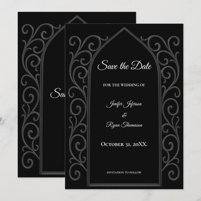 Anuncio Ornate border black and whit wedding save the date (Anverso / Reverso)