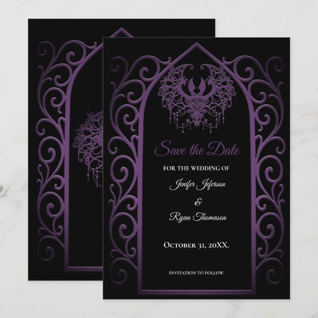 Anuncio Ornate purple border wedding save the date (Anverso / Reverso)