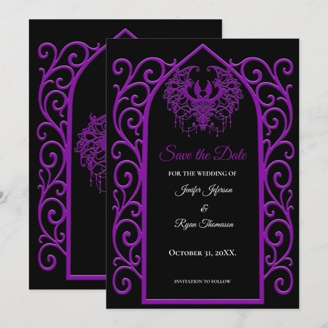 Anuncio Ornate purple border wedding save the date (Anverso / Reverso)