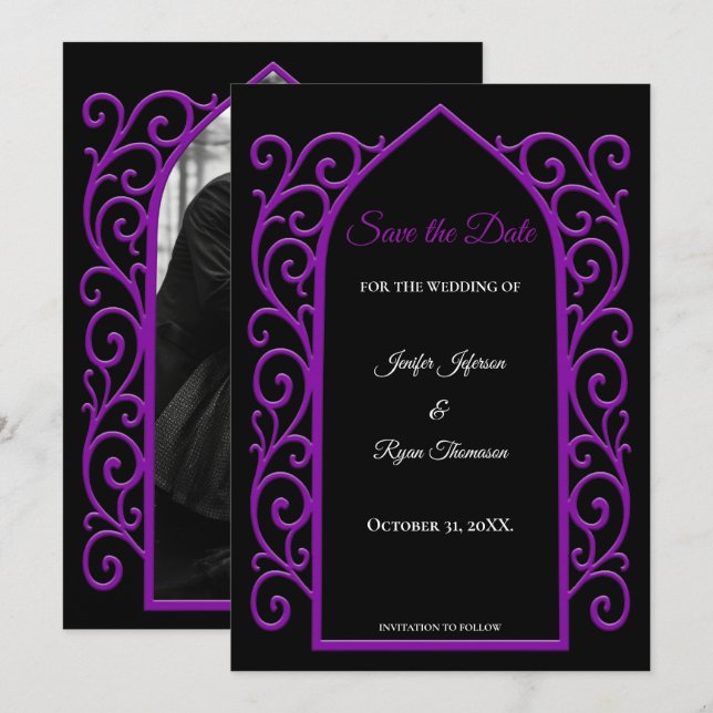 Anuncio Ornate purple border wedding save the date (Anverso / Reverso)