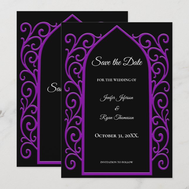 Anuncio Ornate purple border wedding save the date (Anverso / Reverso)