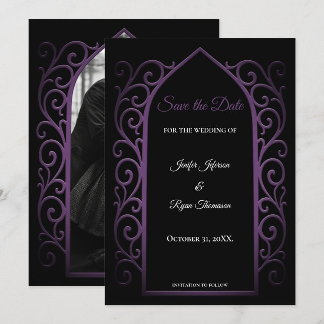 Anuncio Ornate purple border wedding save the date (Anverso / Reverso)