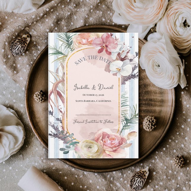 Anuncio Orquídea Rosada Boda Tropical Salvar la Fecha (Blush Orchid Tropical Save the Date Card | Beach Destination Wedding Announcement)