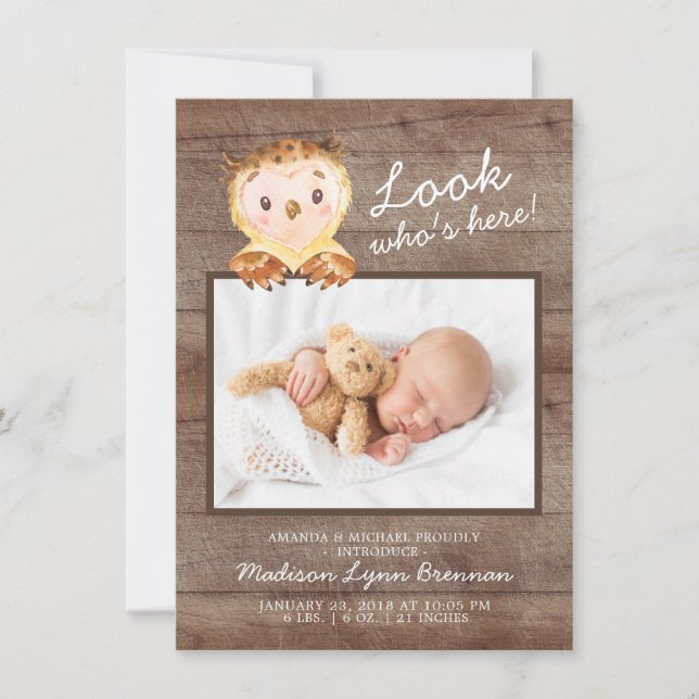 Anuncio Owl Look Who's Here Boy Photo Birth Anunciado (Anverso)