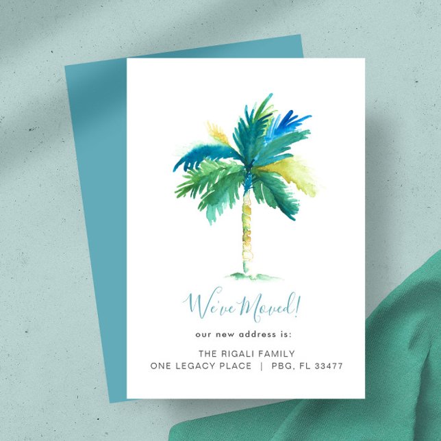 Anuncio Palma de acuarela tropical Cambio de dirección (New home moving announcements feature watercolor palm tree art by Victoria Grigaliunas DoTellABelle)