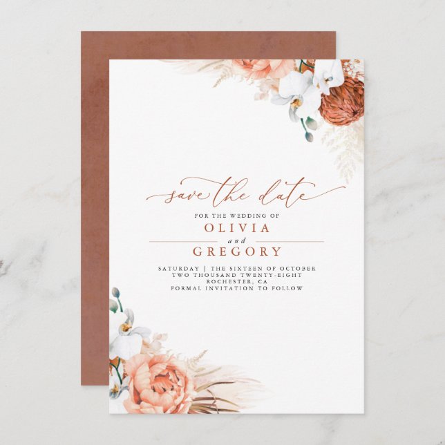 Anuncio Pampas Grass Floral Terracotta Save the Date (Anverso / Reverso)