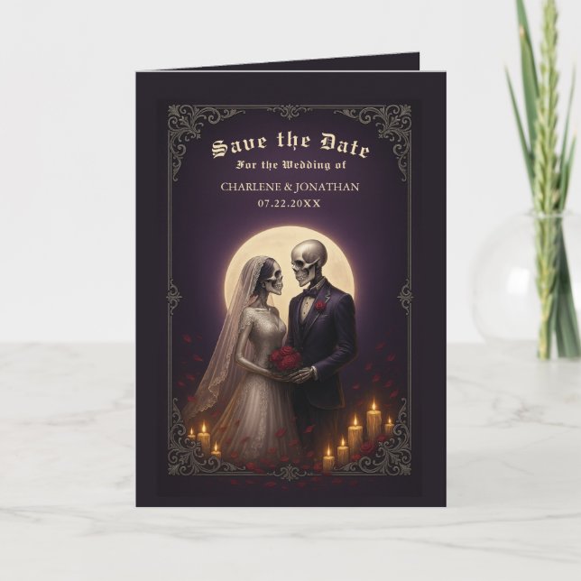 Anuncio Pareja de Esqueleto Gótico Morado Save the Date (Anverso)