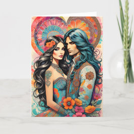 Anuncio Pareja hippie con corazón psicodélico