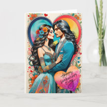 Pareja hippie de San Valentín en abrazo