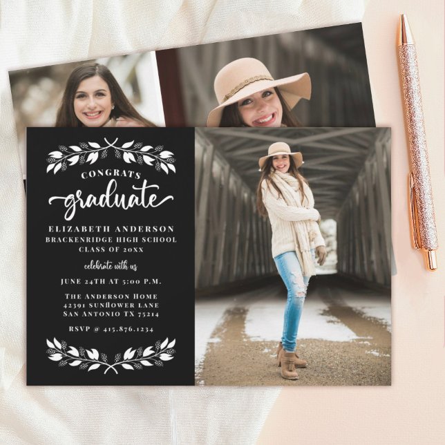 Anuncio Partido de Graduación de Fotografía Blanca Negra M (An elegant black and white photo graduation party announcement.)