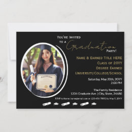 Anuncio Partido de Graduación: negro, blanco, oro y foto d
