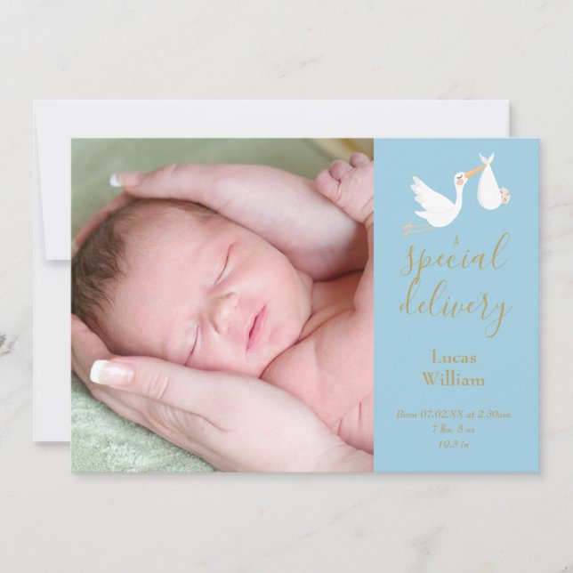 Anuncio Parto especial Stork Baby Boy Foto Azul Nacimiento (Anverso)