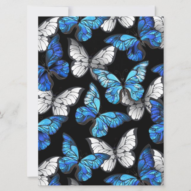 Anuncio Patrón continuo oscuro con mariposas azules Morpho (Anverso)
