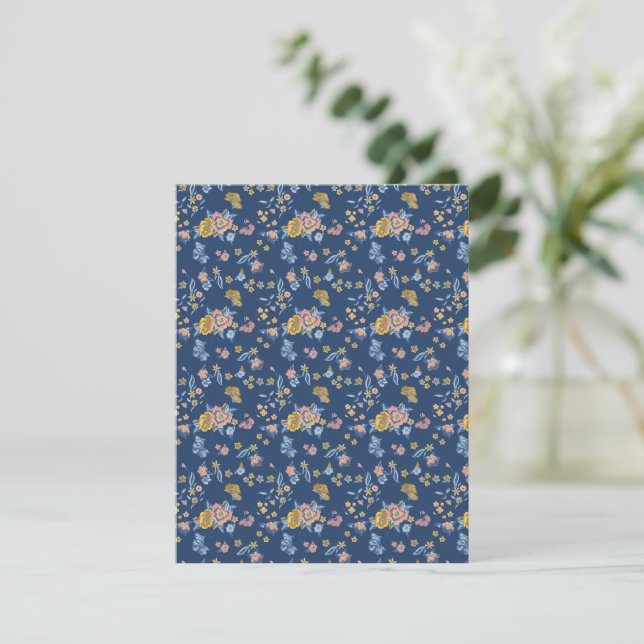 Anuncio Patrón floral de efecto de hilo de fondo azul (Anverso de pie)
