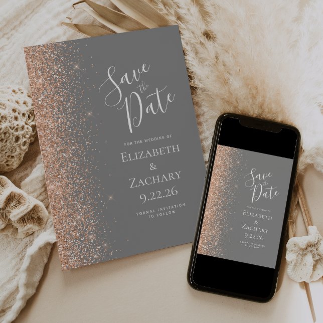 Anuncio Peach Glitter Edge Gray Save the Date (Subido por el creador)