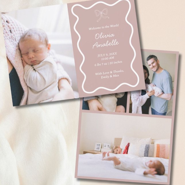 Anuncio Personalizado Dusty Pink Bow Wavy Boho Collage Nac (Custom Dusty Pink Bow Wavy Boho Collage Baby Birth Announcement
)