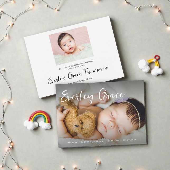 Anuncio Personalized Baby Photos Elegant Script Name (Custom baby photos birth announcement card with elegant script name and birth stats.)
