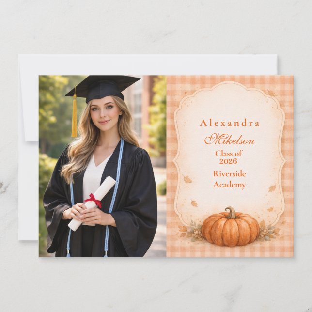 Anuncio Photo Rustic Gingham Pumpkin Fall Graduation (Anverso)