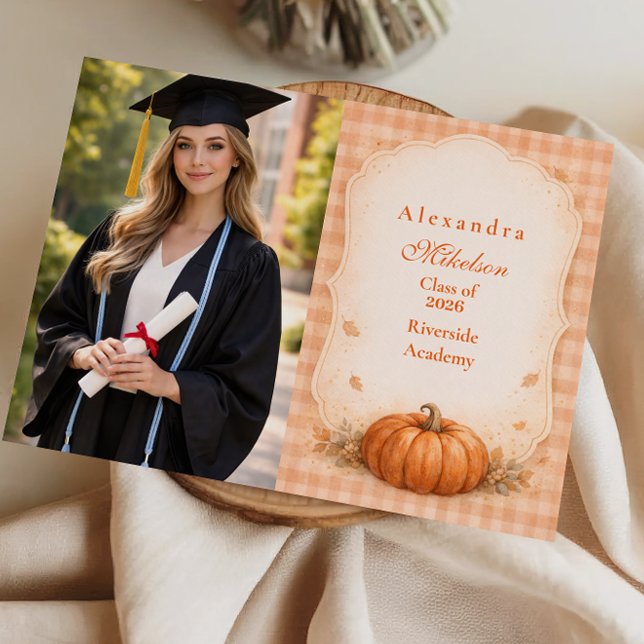 Anuncio Photo Rustic Gingham Pumpkin Fall Graduation (Subido por el creador)