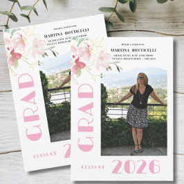 Anuncio Pink Floral Photo Graduation Announcement