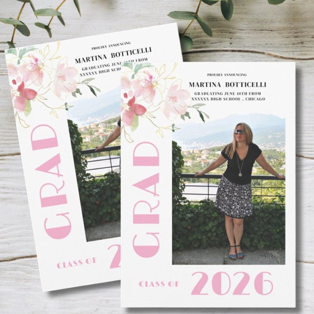 Anuncio Pink Floral Photo Graduation Announcement (Subido por el creador)