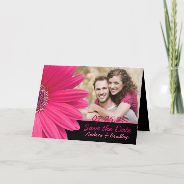 Anuncio Pink Gerbera Daisy Photo Save the Date Card (Anverso)