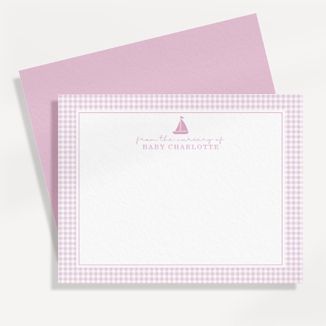 Anuncio Pink Gingham Sailboat Nursery Note Card (Subido por el creador)