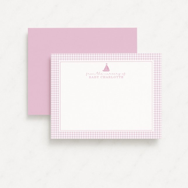 Anuncio Pink Gingham Sailboat Nursery Note Card (Subido por el creador)