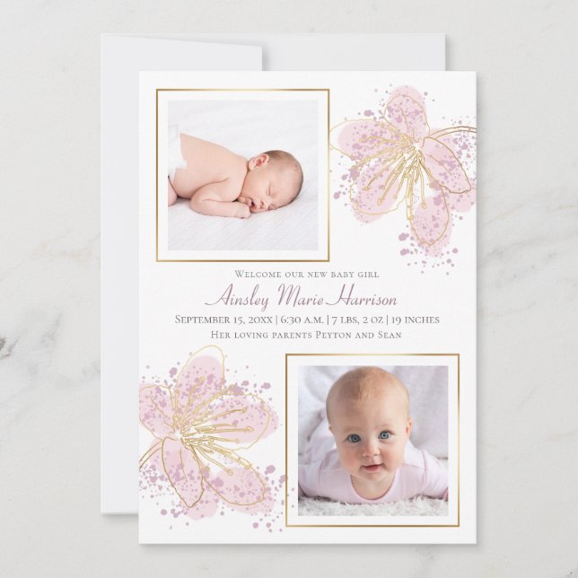 Anuncio Pink Gold Flour Watercolor Bebé Chica 2 Foto (Anverso)