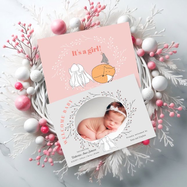 Anuncio Pink Grey Floral Woodland Animales Bebé Niña Nacim (Pink gray floral wreath bunny baby girl birth announcement front and back view in situ.)