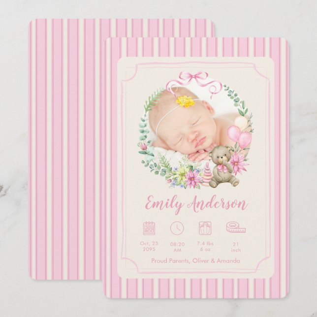 Anuncio Pink Newborn Birth Photo Boy Baby Announcement (Anverso / Reverso)