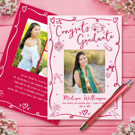 Anuncio Pink Red Hand Drawn Doodles Graduation 4 Photo Fun