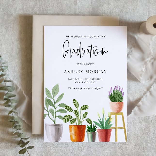 Anuncio Plantas de Interior en Macetas con Acuarela Boho p (Customizable boho graduation announcement featuring watercolor potted houseplants. )