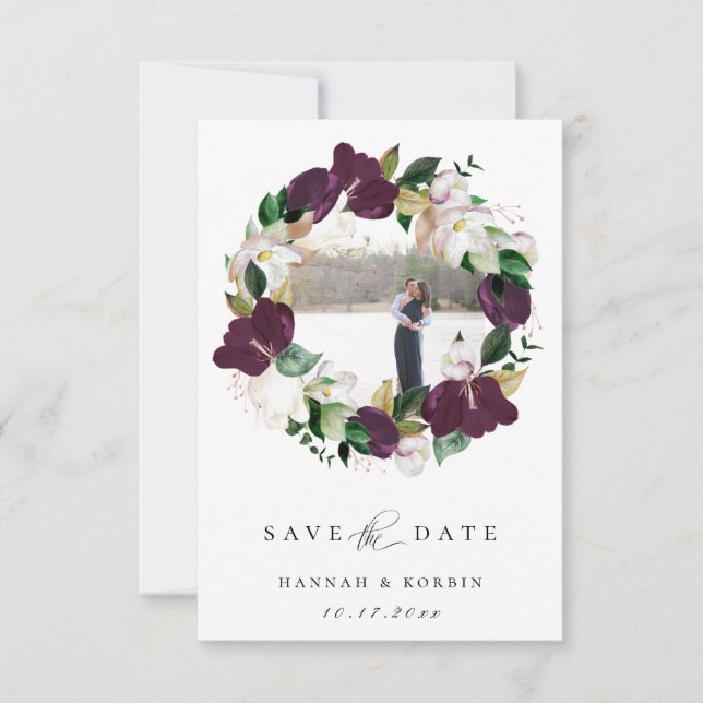Anuncio Plum Ivory Floral Wreath Photo Save the Date (Anverso)