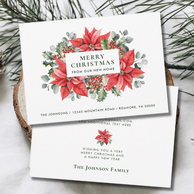 Anuncio Poinsettias Feliz Navidad desde nuevo hogar (Red Poinsettias Merry Christmas from Our New Home Holiday Moving Announcement with Envelope)