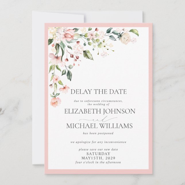 Anuncio Posposición de fecha boda acuarela floral rosa (Anverso)